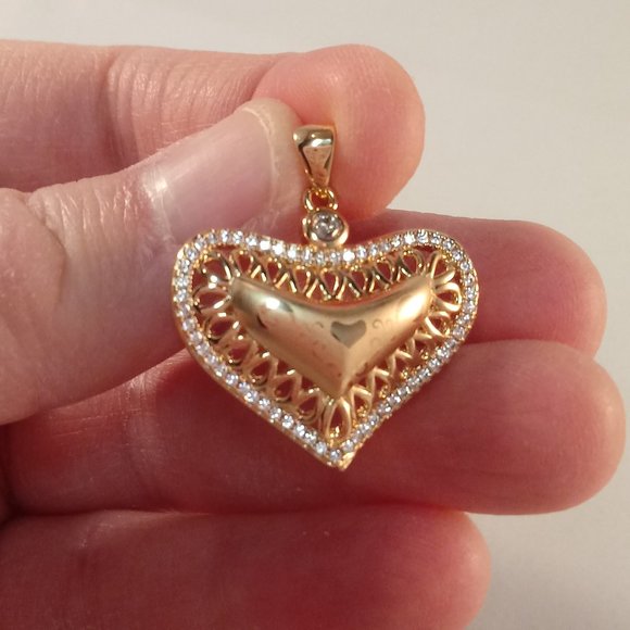 18K Yellow Gold Filled Luxury Heart 60 Diamond Zircon Stones Necklace Pendant - Picture 5 of 6